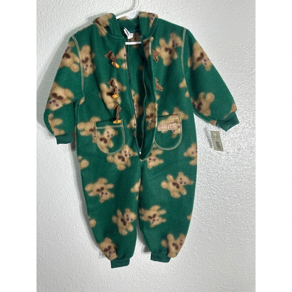 NWT Vintage Teddy Bear Fleece Hooded Bunting Snowsuit Green 24 Months New